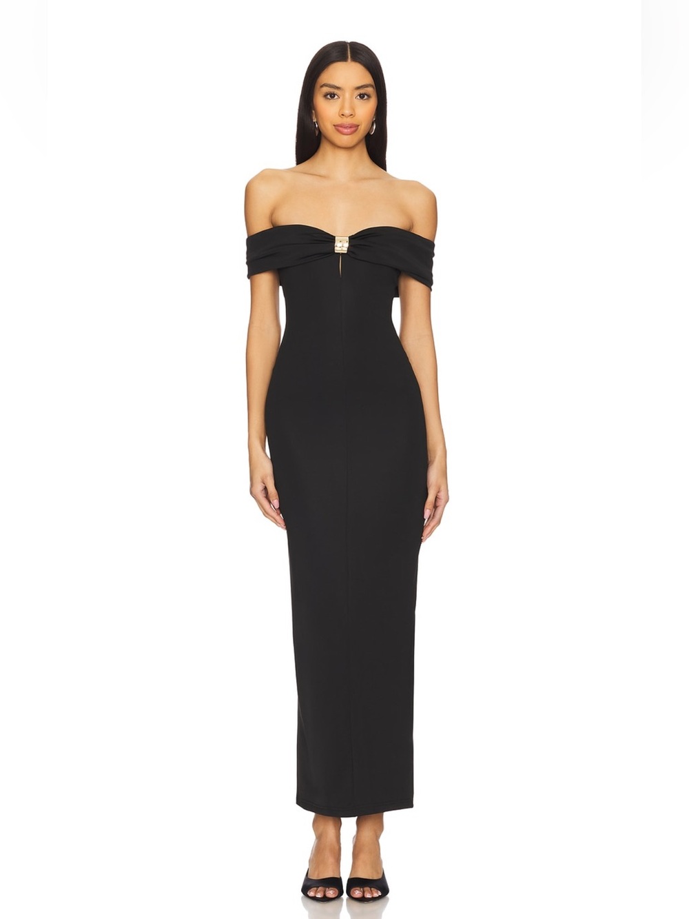 superdown Black Off-Shoulder Midi Dress with Gold Accent